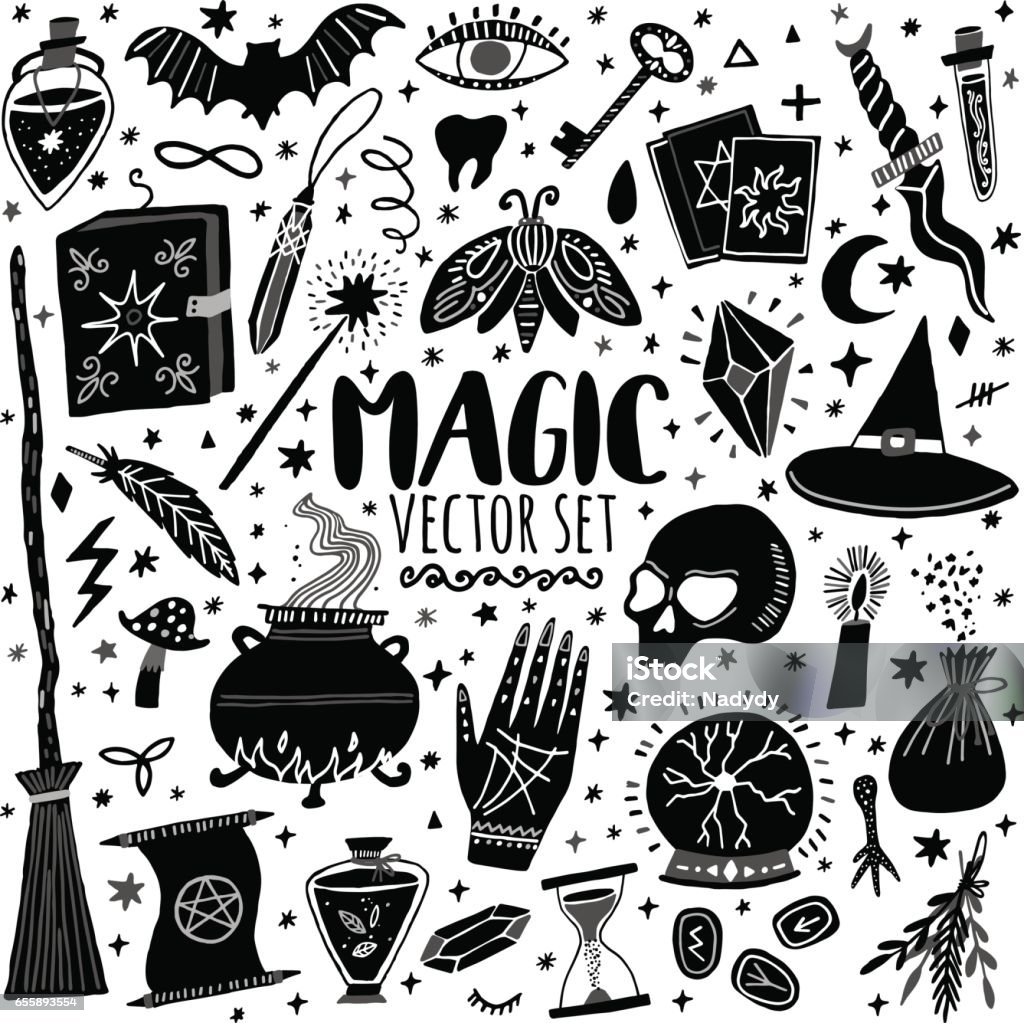 Vector magic icon hand-drawn doodle set Vector magic icon hand-drawn doodle set isolated on white Witch stock vector