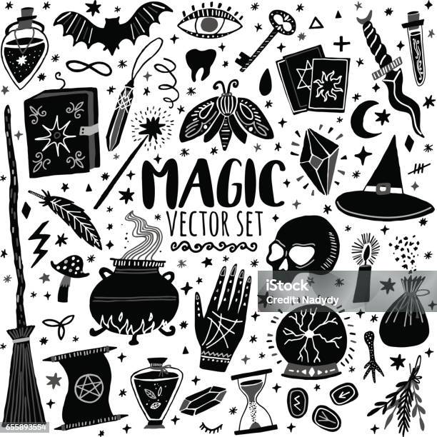 Vector Magic Icon Handdrawn Doodle Set Stock Illustration - Download Image Now - Witch, Wizard, Paranormal