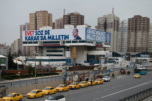 Istanbul,Turkey -March 19,2017:Topkapi District in Istanbul.Banners for the referendum in support of the Justice and Development Party (AKP) and President Recep Tayyip Erdogan's proposed amendments to the constitution. Photos taken in Istanbul.