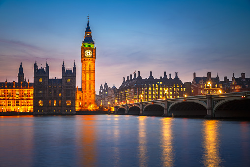 Big Ben and westminster bridge at dusk in London