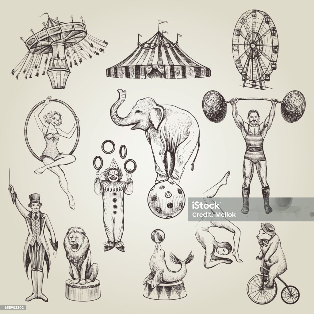 Conjunto de ilustraciones vectoriales de circo vintage hechos a mano. - arte vectorial de Circo libre de derechos