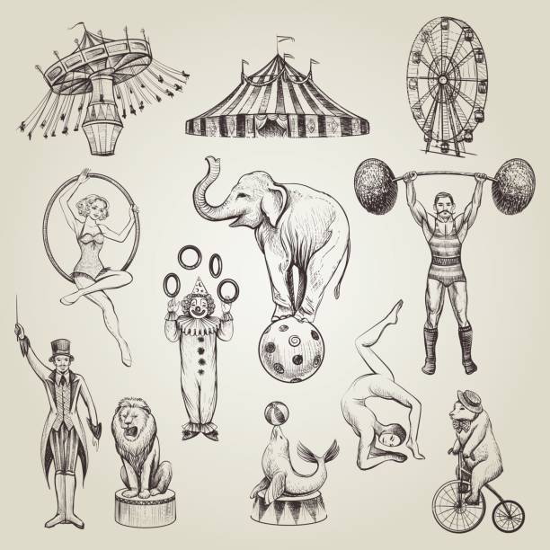 ilustraciones, imágenes clip art, dibujos animados e iconos de stock de conjunto de ilustraciones vectoriales de circo vintage hechos a mano. - circo