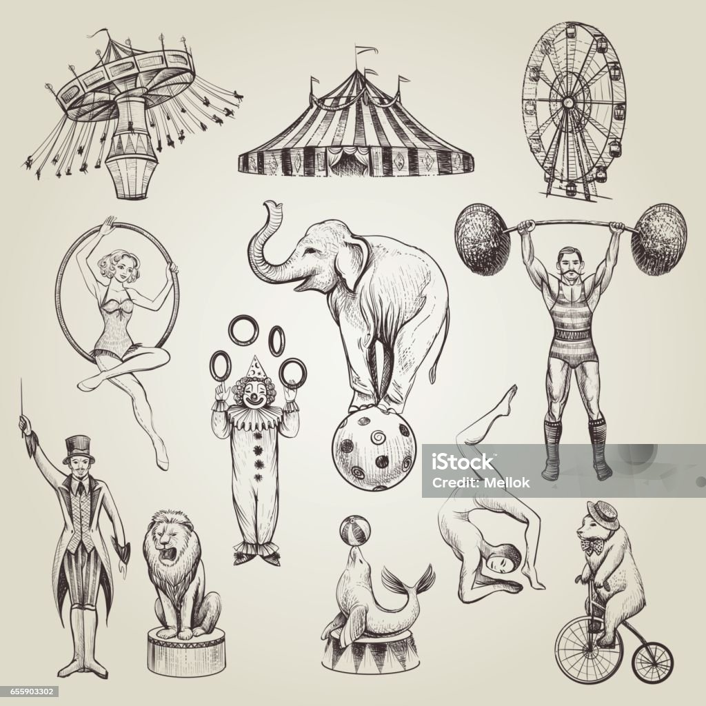 Set de cirque dessinés à la main vintage vector illustrations. - clipart vectoriel de Cirque libre de droits