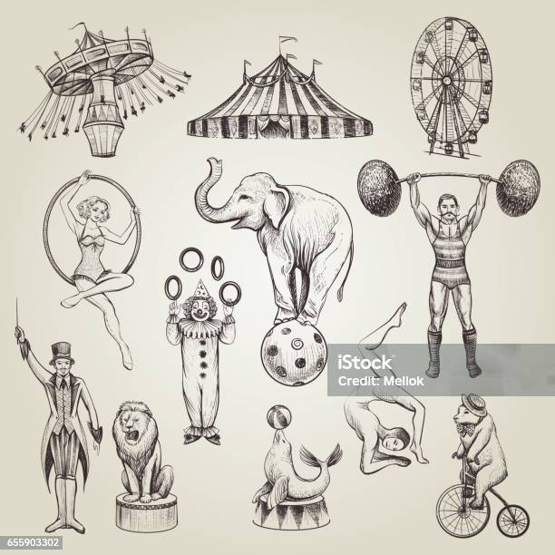 Circus Vintage Hand Drawn Vector Illustrations Set Stock Illustration - Download Image Now