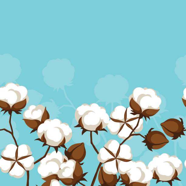 illustrazioni stock, clip art, cartoni animati e icone di tendenza di motivo senza cuciture con bolli e rami di cotone - cotton plant dry branch