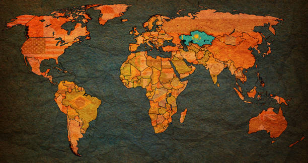 istock kazakhstan flag on old vintage world map 655909834