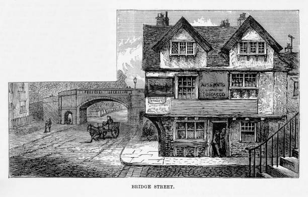 бридж-стрит в честере, англия викторианская гравюра, 1840 - house residential structure non urban scene tudor style stock illustrations