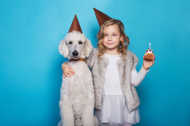little beautiful girl with dog celebrate birthday. friendship. love. cake with candle. studio portrait over blue background - real people blue white friendship imagens e fotografias de stock