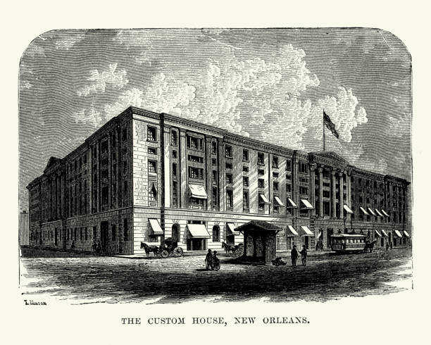 the custom house, new orleans, 19. jahrhundert - clock tower illustrations stock-grafiken, -clipart, -cartoons und -symbole