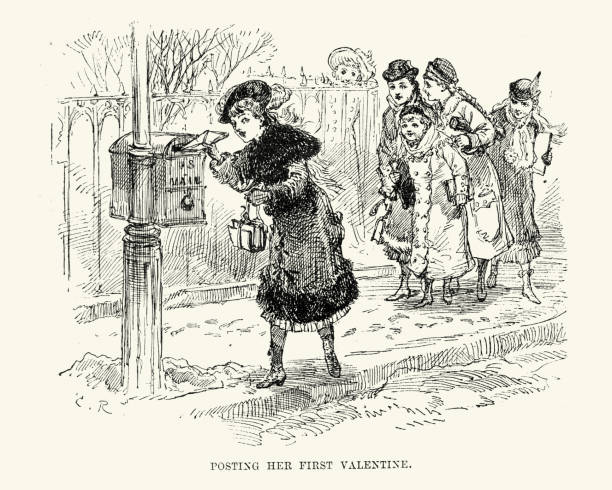 Posting her first valentine card, New Orleans, 19th Century Vintage engraving of a girl posting her first valentine card, New Orleans, 19th Century valentines day history stock illustrations