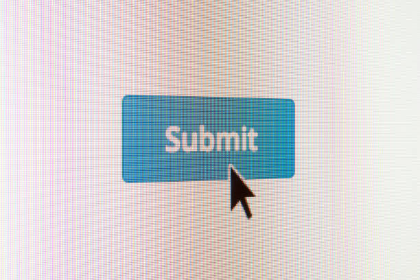 Submit web button on webpage Closeup of a Submit button owith mouse arrow on a computer screen clicking screen stock pictures, royalty-free photos & images