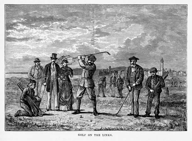 st andrew's, belgili tanımlık golf sahası oynarken i̇skoçya victoria, 1840 oyma - i̇skoçya illüstrasyonlar stock illustrations