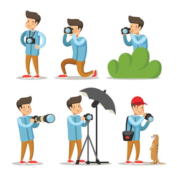 ilustrações, clipart, desenhos animados e ícones de conjunto de caracteres do fotógrafo dos desenhos animados. homem com câmera fotográfica. ilustração vetorial - photographer camera tripod paparazzi photographer