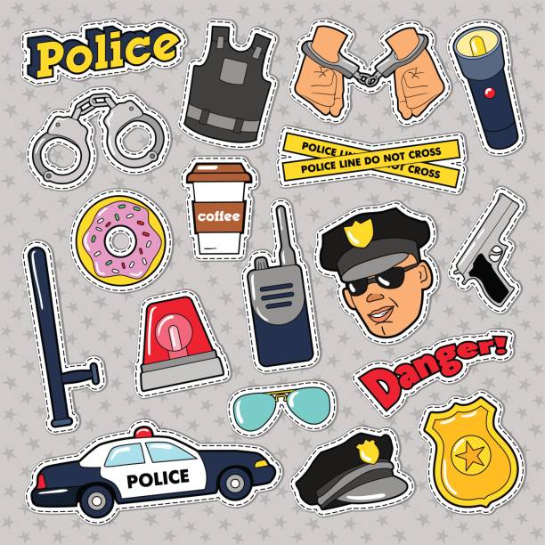 ilustrações, clipart, desenhos animados e ícones de adesivos de segurança polícia definir com agente, arma e carro - crime flashlight detective symbol