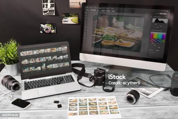 Photographers Computer With Photo Edit Programs Stock Photo - Download Image Now - Photography, Photographic Print, Photography Themes