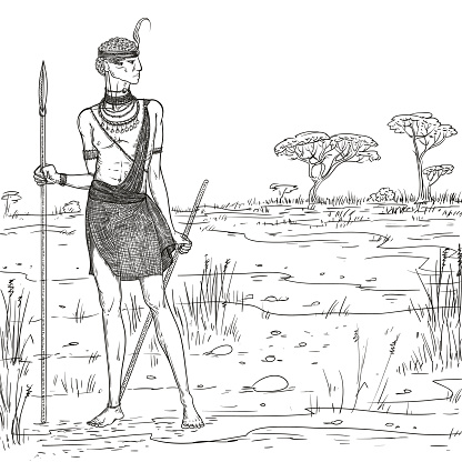 Vector sketch illustration. Armed warrior of the Masai tribe in traditional clothes and jewelry against the background of the savannah landscape. African people living in Kenya and Tanzania