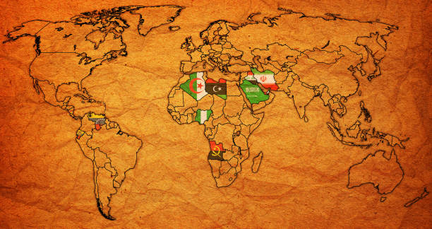 organizacja krajów eksportujących ropę naftową na mapie świata - opec stock illustrations