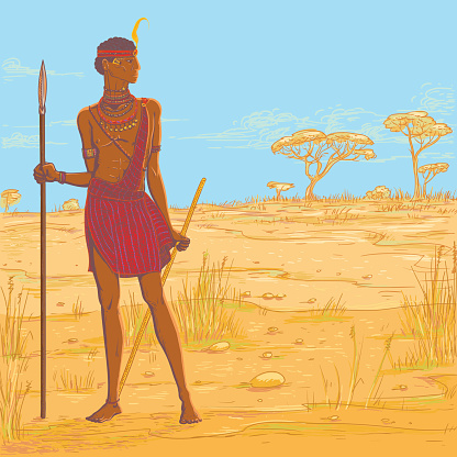 Vector color illustration. Armed with spear warrior of the Masai tribe in traditional clothes and jewelry against the background of the savannah landscape. African people living in Kenya and Tanzania
