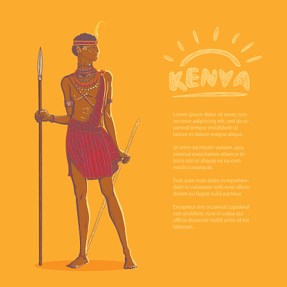 Vector color illustration. Armed african warrior of the Masai tribe in traditional clothes and jewelry on a bright background and space for advertising text. Tourism in Kenya and Tanzania