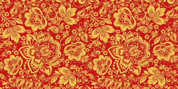 Hohloma in red and gold colors seamless pattern - ilustração de arte vetorial