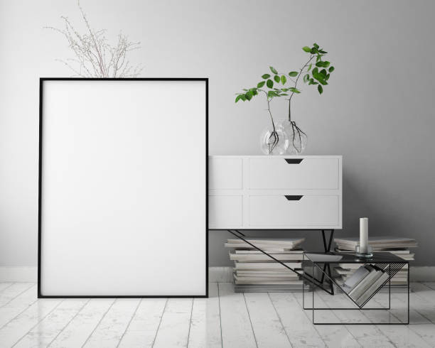 istock mock up poster frame in hipster interior background, scandinavian style, 3D render 655947812
