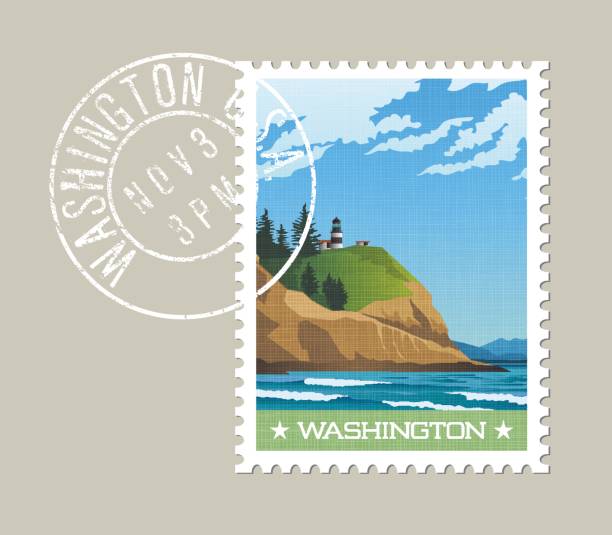 Washington state postage stamp design. Vector illustration of rugged shoreline and lighthouse. Cape Disappointment State Park. Grunge postmark on separate layer. Washington state postage stamp design. Vector illustration of rugged shoreline and lighthouse. Cape Disappointment State Park. Grunge postmark on separate layer. travel sticker stock illustrations