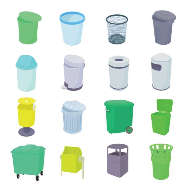 Trash bin set icons Trash bin set icons in isometric 3d style isolated on white background garbage can stock illustrations
