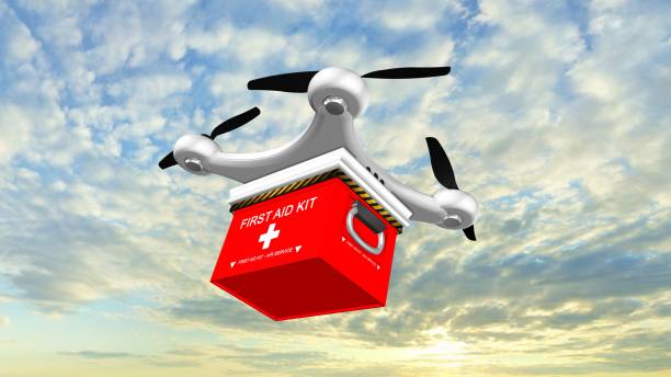 istock Drone Quadrocopter delivers a FIRST AID KIT  in the sky 655951308
