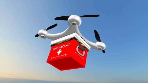 istock Drone Quadrocopter delivers a FIRST AID KIT  in the sky 655951532