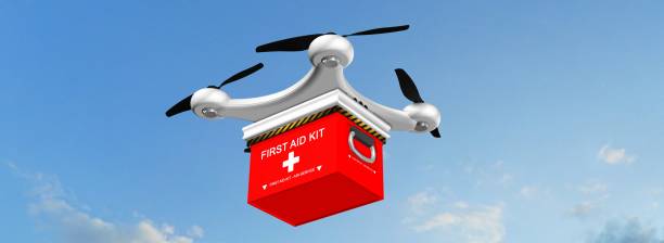 Drone Quadrocopter delivers a FIRST AID KIT  in the sky stock photo