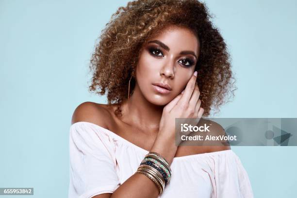 Glamour Elegant Black Hippy Woman Model With Curly Hair Stock Photo - Download Image Now