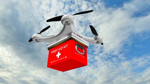 istock Drone Quadrocopter delivers a FIRST AID KIT  in the sky 655954002
