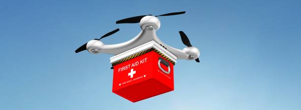 istock Drone Quadrocopter delivers a FIRST AID KIT  in the sky 655954054