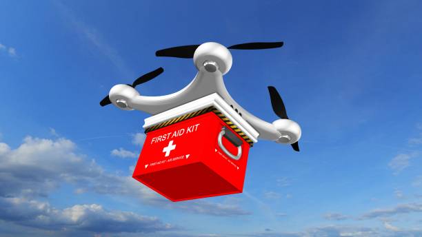 istock Drone Quadrocopter delivers a FIRST AID KIT  in the sky 655954192