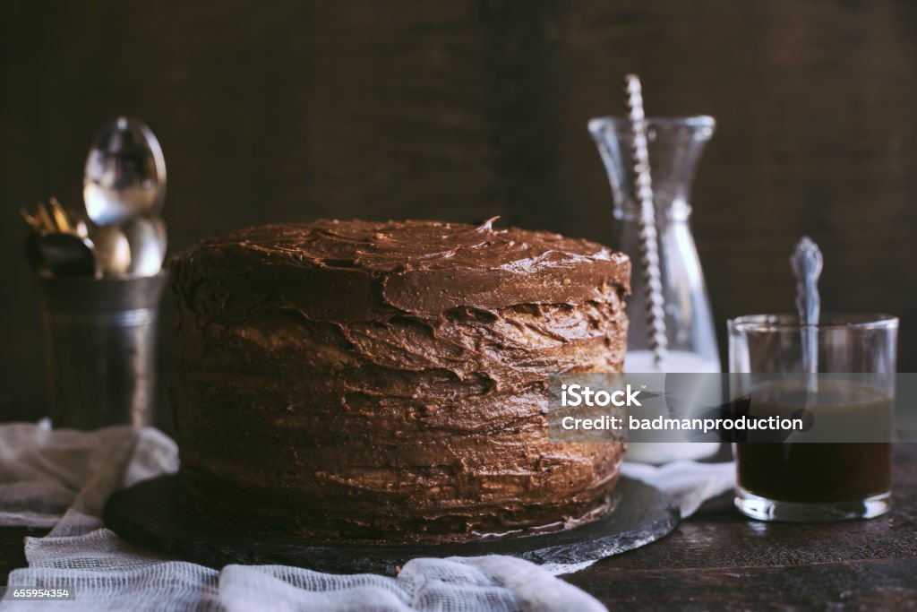 Chocolate cake time Served big homemade chocolate cake,selective focus Chocolate Cake Stock Photo