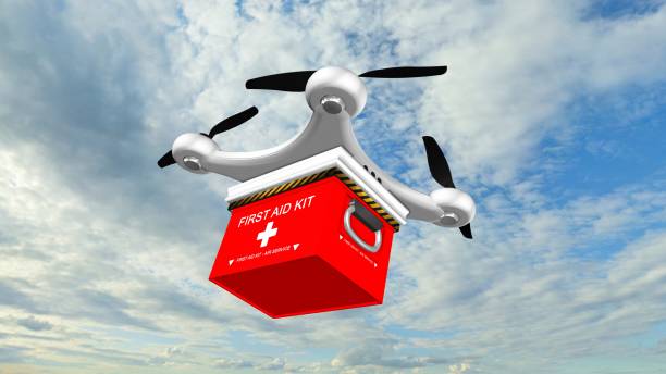 istock Drone Quadrocopter delivers a FIRST AID KIT  in the sky 655954508