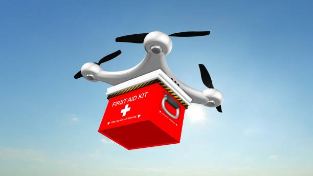 istock Drone Quadrocopter delivers a FIRST AID KIT  in the sky 655954742