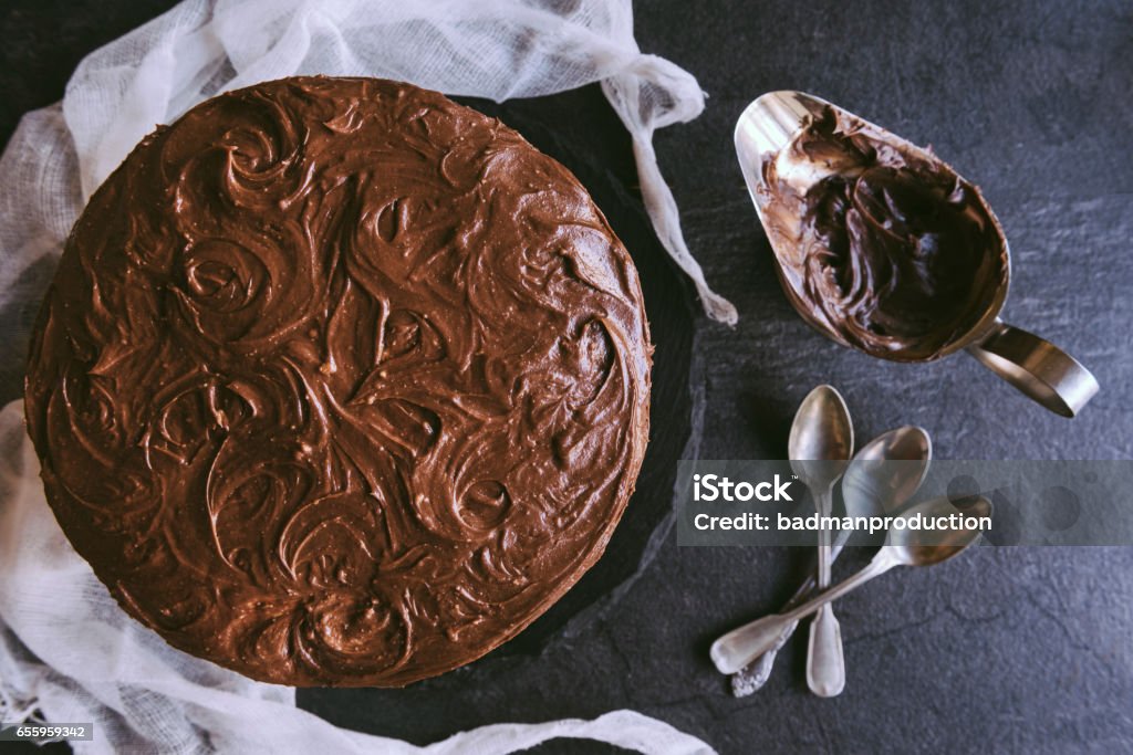 Served homemade chocolate cake Served hoemade chocolate cake,high angle and selective focus Chocolate Cake Stock Photo