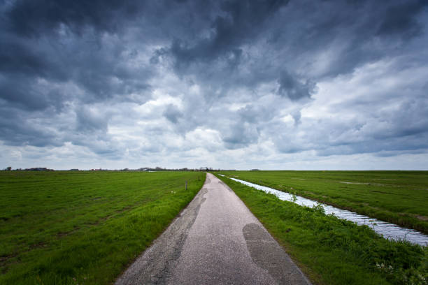 Road with dramatic blue cloudy sky and green grass in cold day in spring. Fantastic landscape in Netherlands. Nature and travel background. Rural road with green fields
