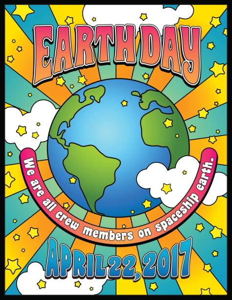 plakat, wzór kart lub banerów z lat 60., w stylu psychodelialnym z lat 60. - earth day sun sky stock illustrations