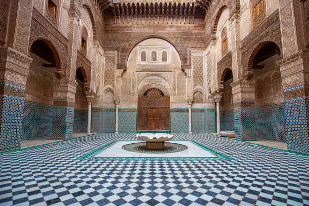 Inside Bou Inania Madressa Educational Institution with fine Marinid architecture meknes stock pictures, royalty-free photos & images