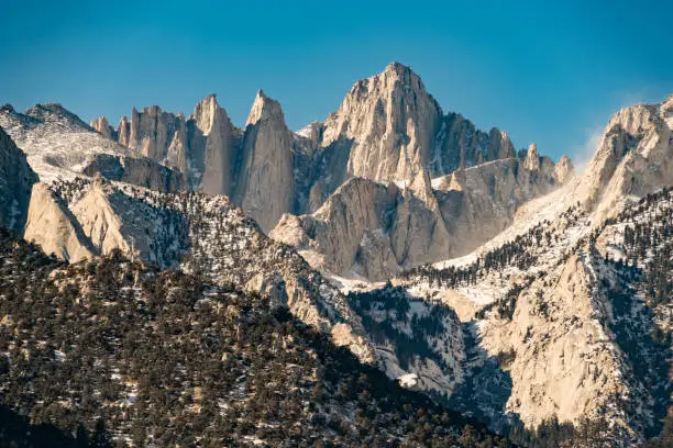 Snow capped Mount Whitney in Lone Pine, California