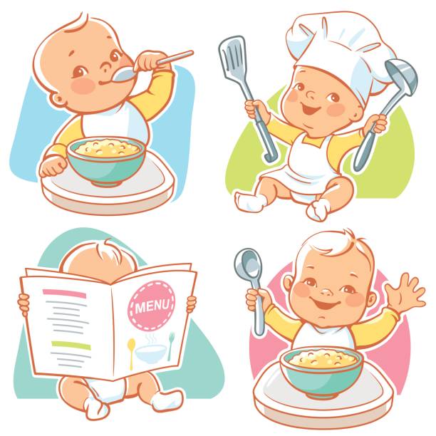 illustrazioni stock, clip art, cartoni animati e icone di tendenza di illustrazioni di alimenti per bambini. - little girls small eating breakfast