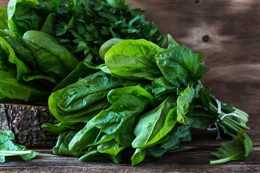 Fresh harvested organic spinach on wooden background, rustic style