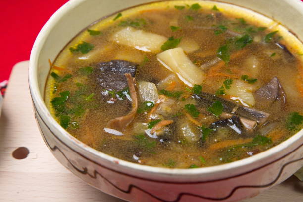 istock Plate of soup from dried white mushrooms. 655979380