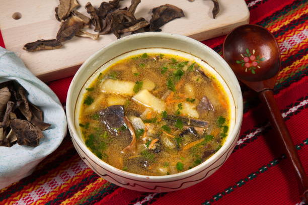istock Plate of soup from dried white mushrooms. 655979806