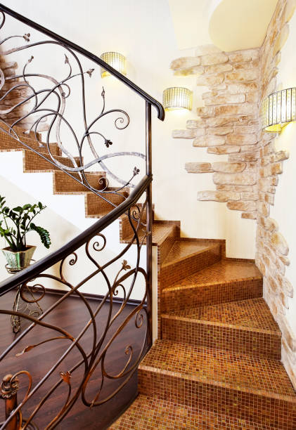 istock Classical mosaic stairs with ornamental handrail in hallway with stone decors 655994622