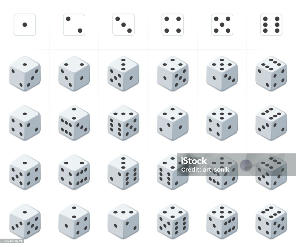 Set of isometric dice vector. 24 isometric dice. Twenty-four variants white game cubes isolated on white background. All possible turns authentic collection icons in realistic style. Gambling concept. Vector illustration EPS 10. Dice stock vector