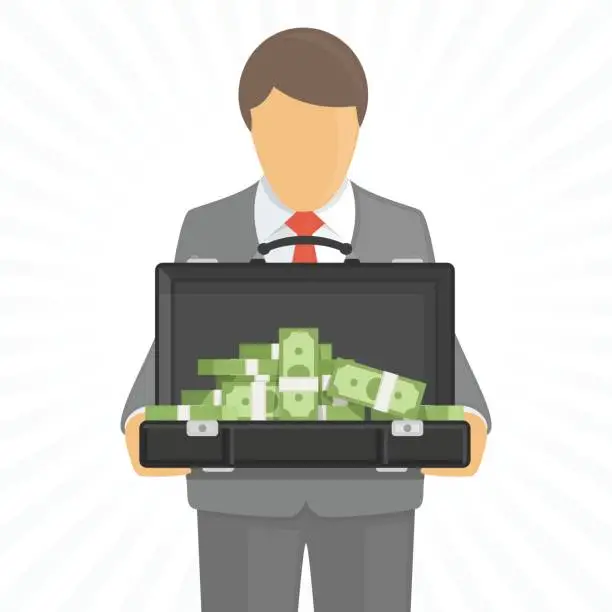 Vector illustration of Man holds a suitcase with money.