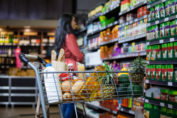 istock Various groceries in shopping cart 656005874